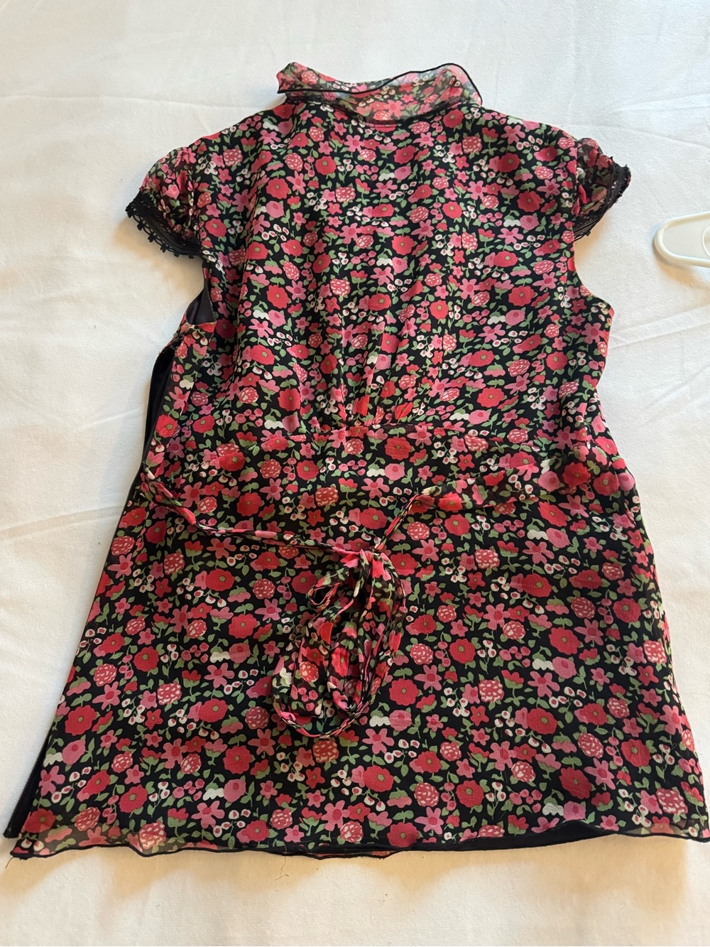 Anna Sui Black Floral Ruffled Cap-Sleeve Top with Pink, Red, and Green Flowers - Picture 3 of 3